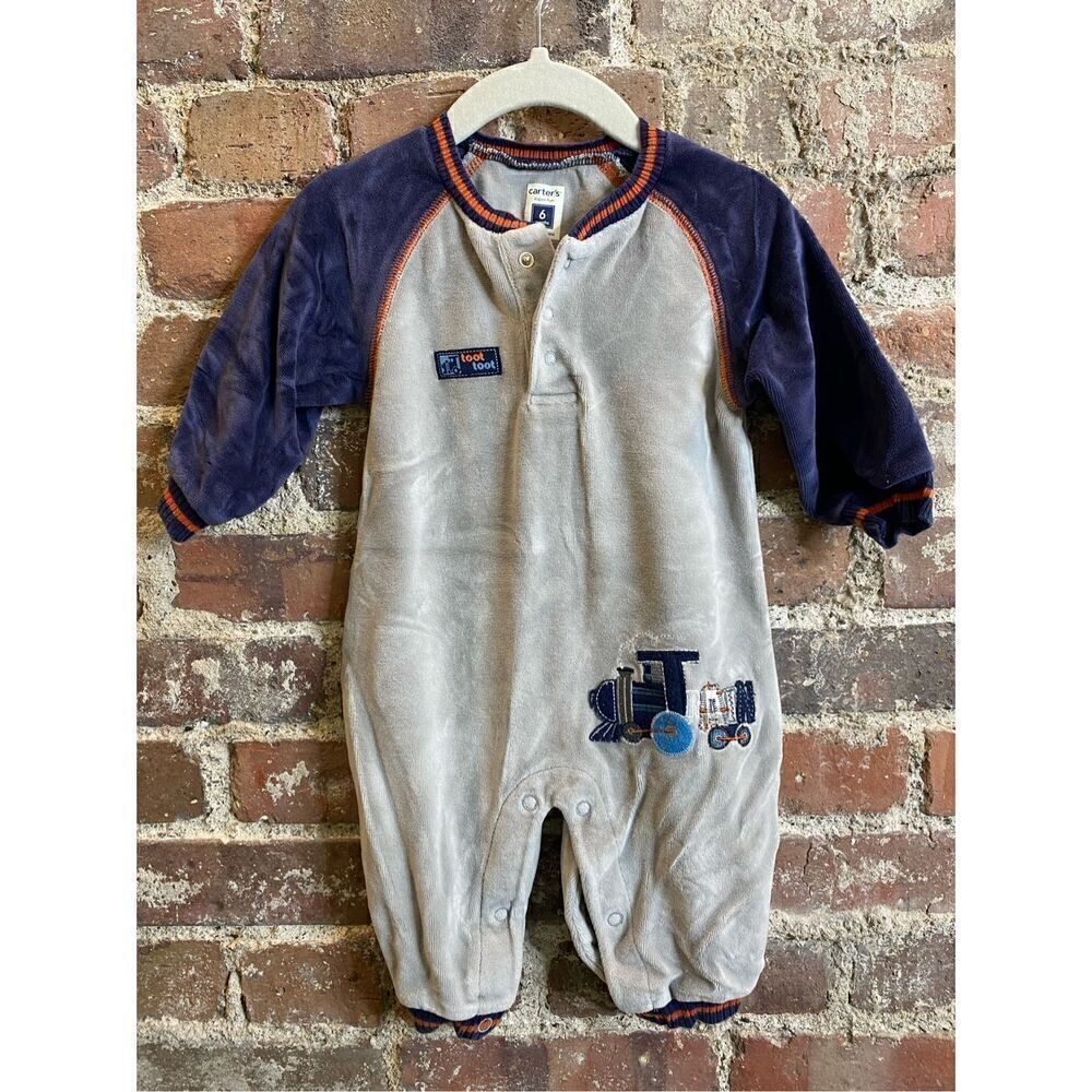 Carter’s Plush Blue/Gray Toot! Toot! Train Bodysuit Baby Size 6 Months